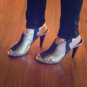 Size 8 Donald Pliner silver and blue summer heels